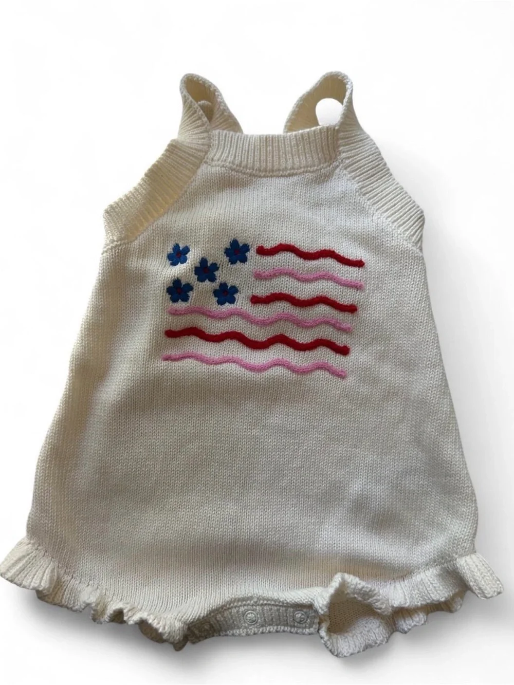 Old navy Baby Cream Knit Romper with Pink & Blue Flag 0-3mo NWOT